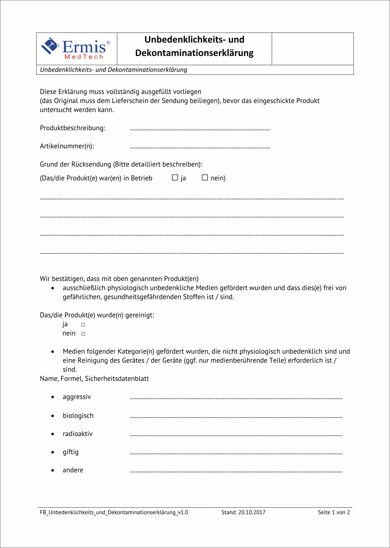 Unbedenklichkeits und Dekontaminationserklärung - Formular